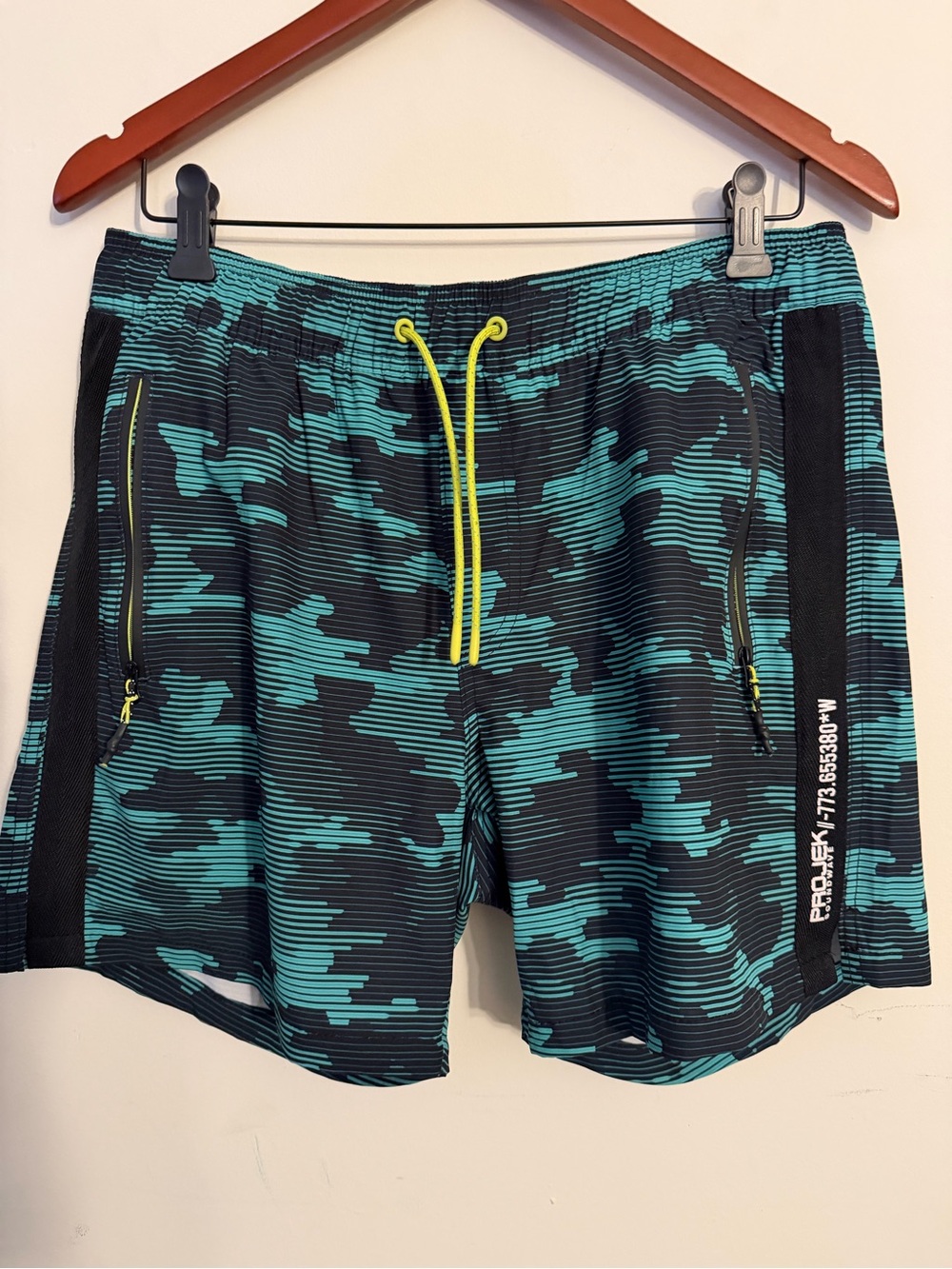 Men's Teal Camo Swim Trunks with Neon Drawstring
